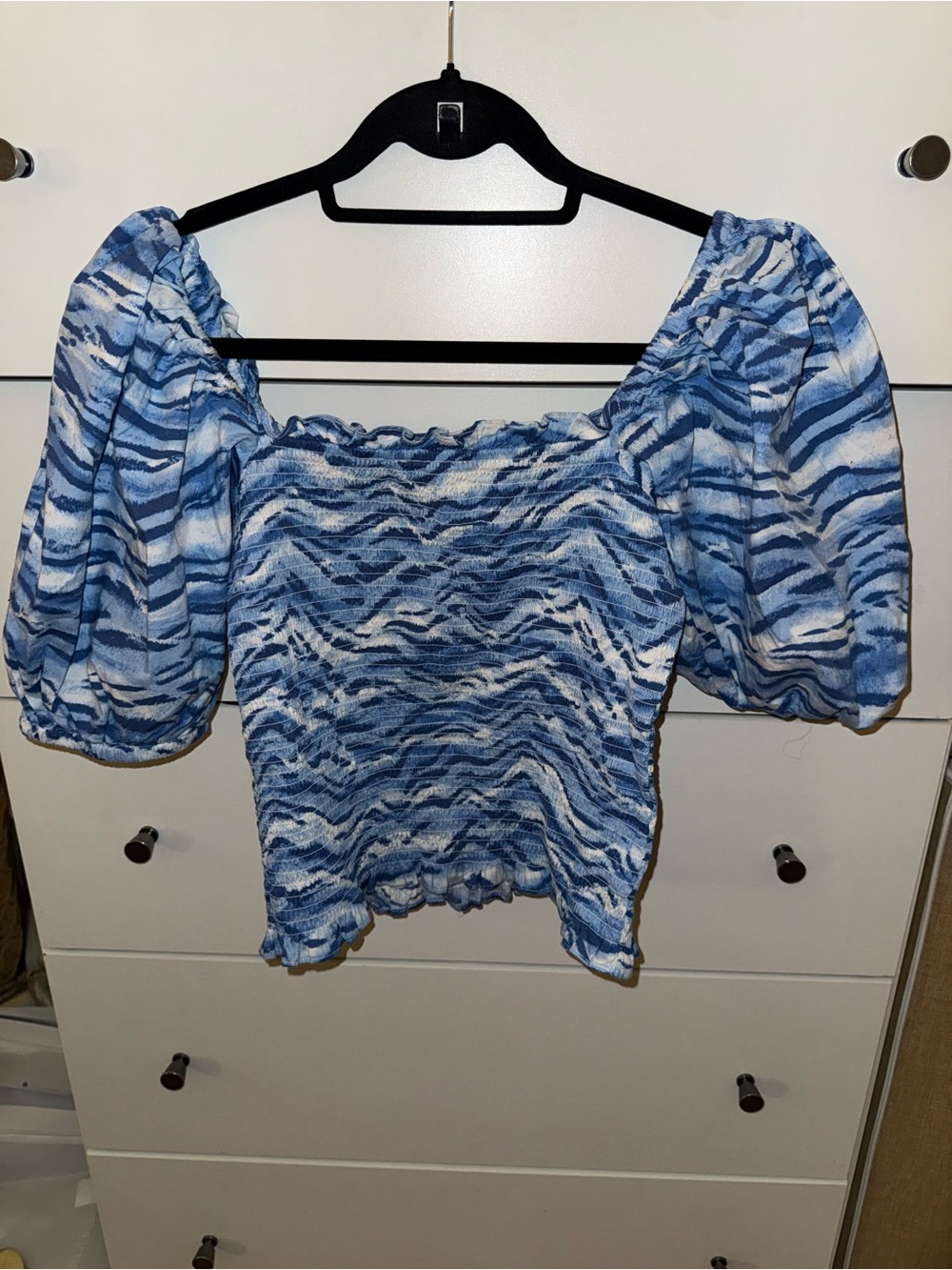 INC International Concepts Blue & White Smocked Puff Sleeve Crop Top